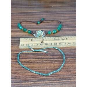 Adjustable Blue Bracelet Seed Beads & Thread Epoxy Flower Fashion Art Lot Of 2